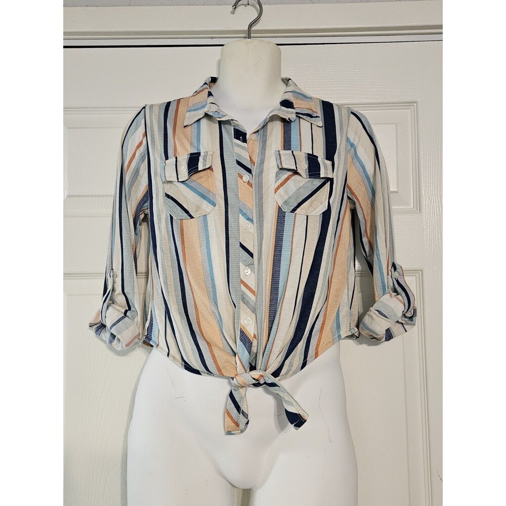 Passport Button Up Collared Shirt ~Sz M~ Long/ 3/4 Sleeve ~Blue & Orange Striped